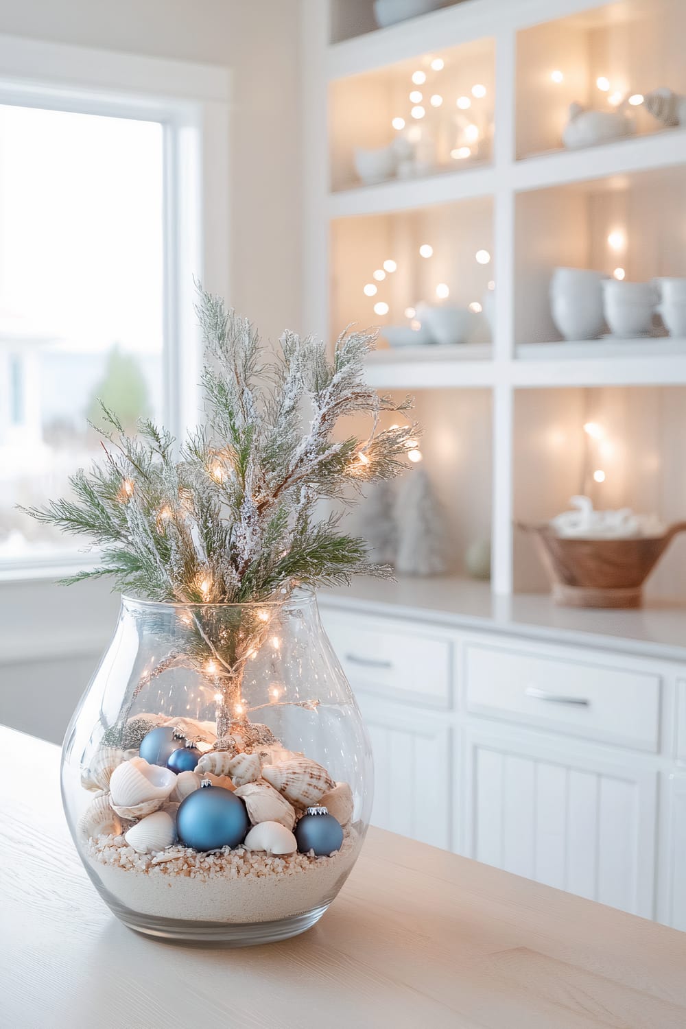 A Coastal Modern Farmhouse kitchen decorated for Christmas. A large glass vase filled with sand, seashells, blue and white ornaments, and white candles sits on a countertop. Soft blue and white string lights drape along the open shelving with sparkling lights and various small decor pieces. Large windows allow natural light to flood the space, enhancing the fresh, airy atmosphere.