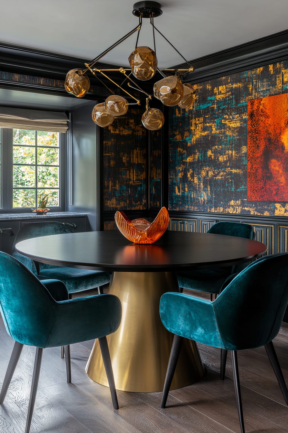 A dining room showcasing a contemporary design with a round black table featuring a gold base. Surrounding the table are four plush, teal velvet chairs. Above, a sophisticated chandelier with amber, geometric-shaped light fixtures hangs from the ceiling. The walls are adorned with a luxurious, abstract patterned wallpaper in shades of blue, yellow, and orange, complementing a large, vibrant art piece in red and orange. Natural light filters in through a nearby window with a grey frame and a Roman shade, illuminating the space.