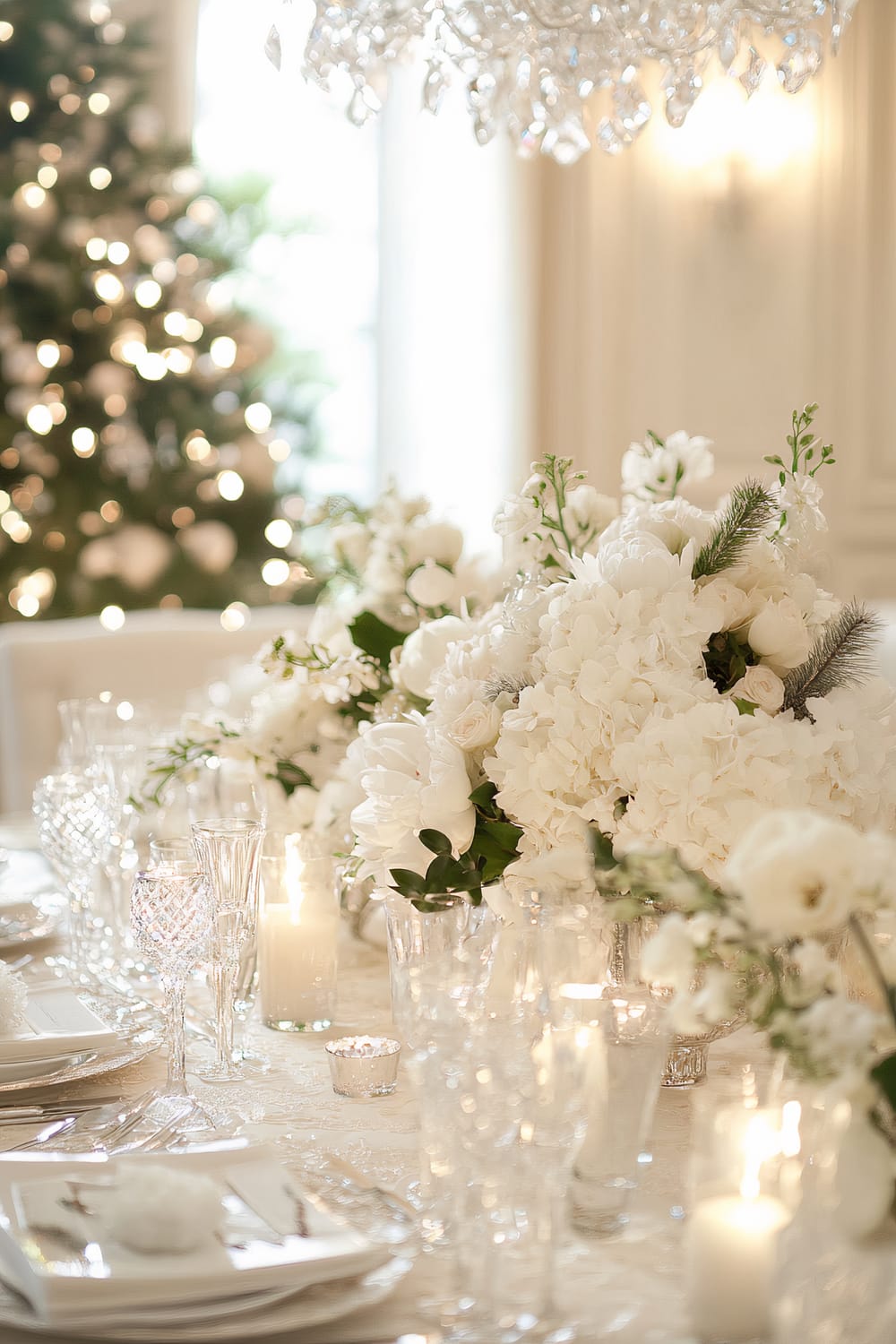 A sophisticated white Christmas dinner table set with fine china, sparkling crystal glassware, and silver cutlery. The table is adorned with delicate white floral centerpieces and elegant candle holders. Soft ambient lighting from a chandelier casts a warm glow, highlighting the pristine white linens and intricate table settings. In the background, a Christmas tree with lights adds to the festive atmosphere.