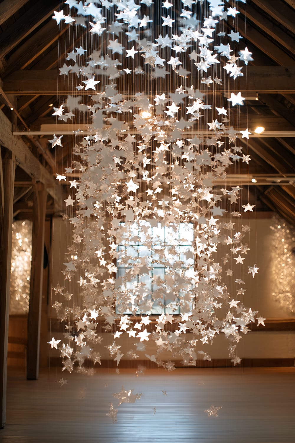 An indoor installation featuring numerous white star shapes suspended from the ceiling on thin, barely visible strings, creating an ethereal curtain of stars. The backdrop includes wooden beams and a large window with soft natural light illuminating the scene.