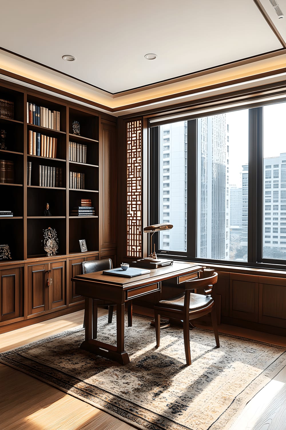 A sophisticated study room with large daylight-filled windows, adorned in a refined color scheme of browns and creams. Traditional Korean decor accents, including artifacts, enhance the ambiance. The space is uncluttered with elegant lighting fixtures illuminating a stylish workspace.