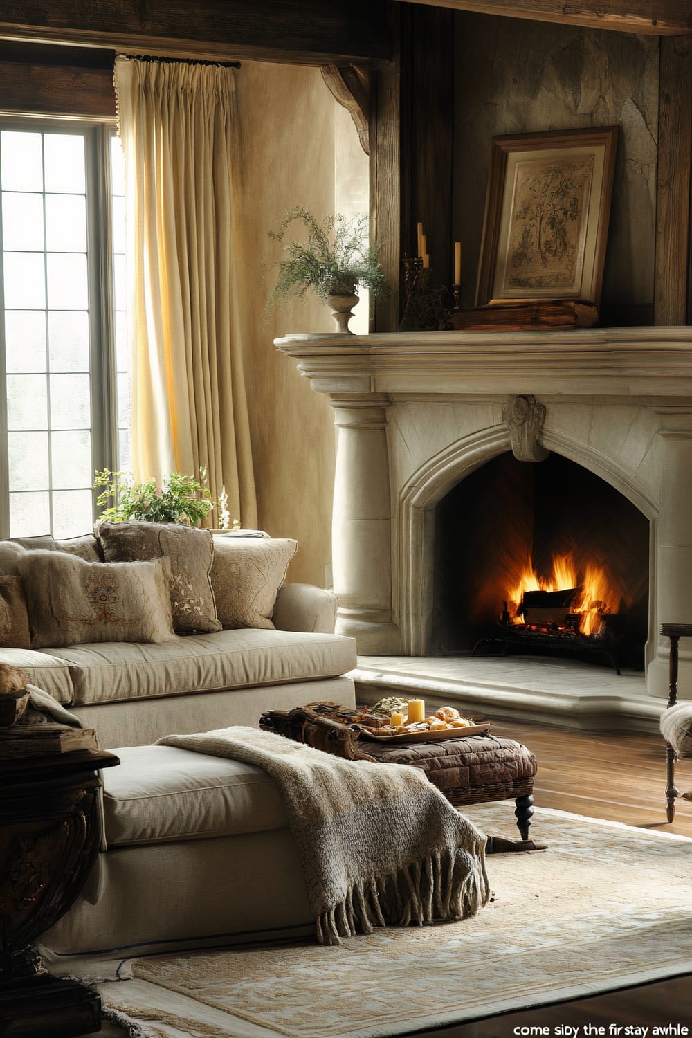 A living room with an English countryside aesthetic featuring a plush beige sofa, a stone fireplace with a warm fire and vintage decor, and large windows with linen curtains. The space is accentuated with a classic wooden armchair, cozy blankets, cushions, and a coffee table adorned with various items including candles.