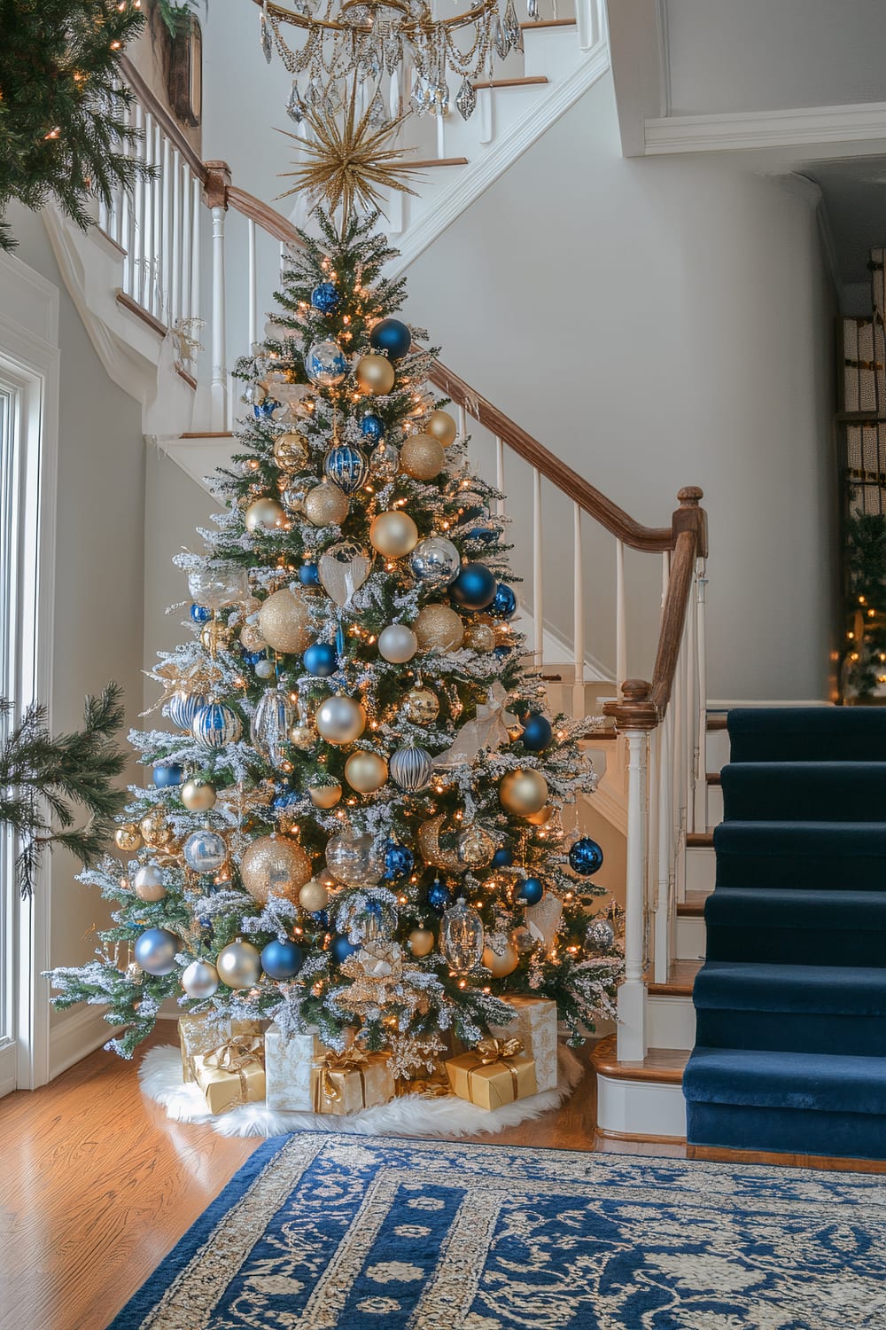 A beautifully decorated Christmas tree stands next to a staircase with wooden banister rails in an elegant home interior. The tree is adorned with gold, silver, and blue ornaments, and wrapped presents are arranged at its base on a white faux fur tree skirt. A grand chandelier hangs from the ceiling, complementing the festive ambiance. Adjacent to the tree is a staircase with blue carpeting and an intricately patterned blue and beige rug on the hardwood floor.