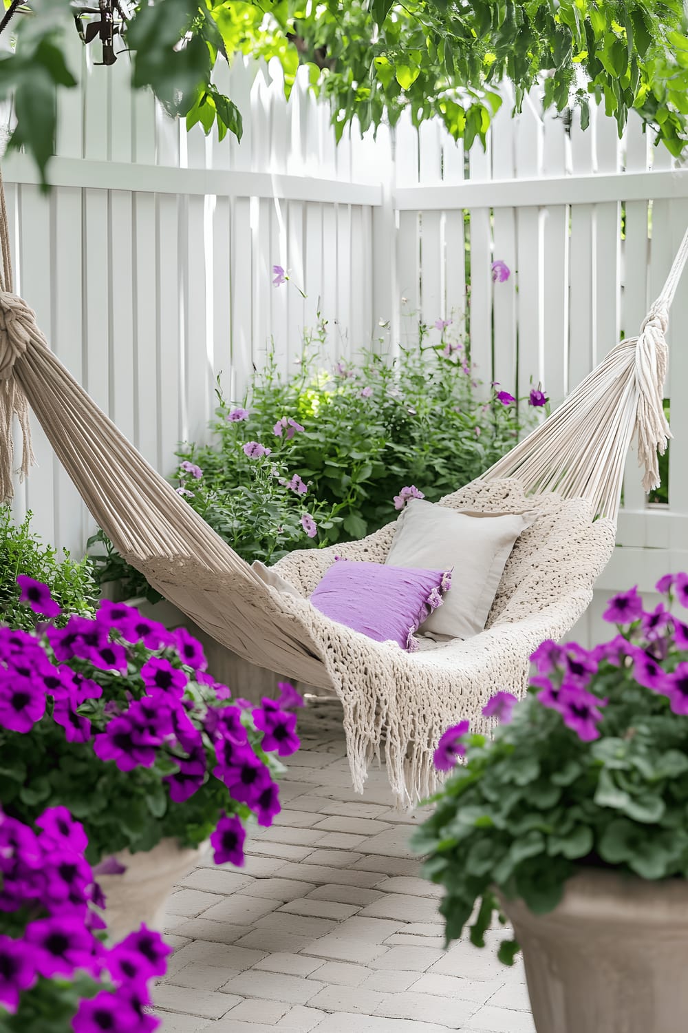 A peaceful small garden corner highlighted by a hammock, framed with an array of petunia flowers encased in pots. The scene is enclosed by a white fence, creating a secluded and welcoming space. The environment is bathed in gentle, warm light which fosters a soothing ambiance.