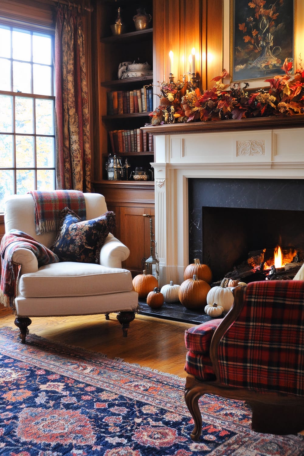 An interior living room scene featuring a white upholstered armchair with a plaid throw and floral cushion, positioned near a black marble fireplace adorned with lit candles and a fall-themed garland. Several pumpkins of varying sizes and colors are placed on the hearth. In the background, a wooden bookshelf holds books and decorative items. A large window with patterned curtains allows natural light to enter the room, and a richly patterned area rug covers the floor.