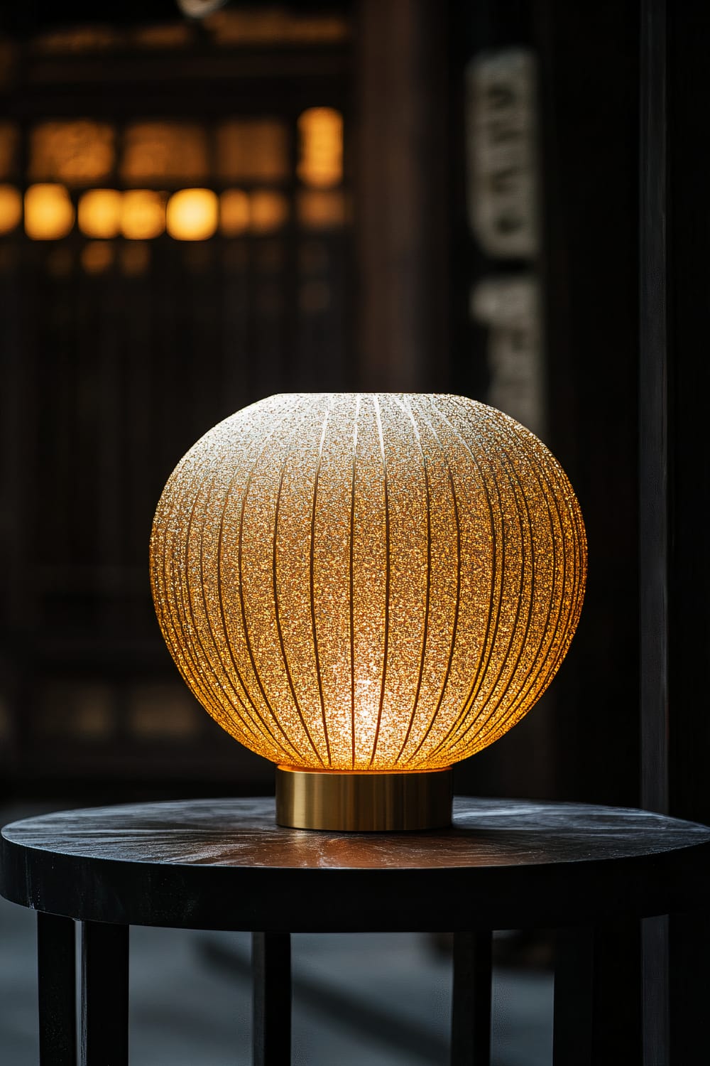 A large, gold glitter lantern placed on a black porch table, casting a bold, golden light that creates sharp contrasts against the dark background.