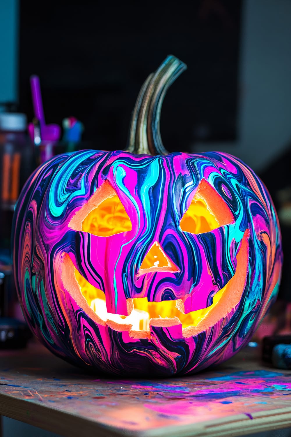 A carved pumpkin with a traditional jack-o'-lantern face featuring triangle eyes, nose, and a jagged mouth. The pumpkin is painted with vibrant swirls of neon colors including pink, teal, and purple, creating a psychedelic effect. The interior of the pumpkin is illuminated, giving a warm glow through the carved features. The pumpkin sits on a wooden surface scattered with paint. In the background, blurred paint supplies and dark spaces are visible.