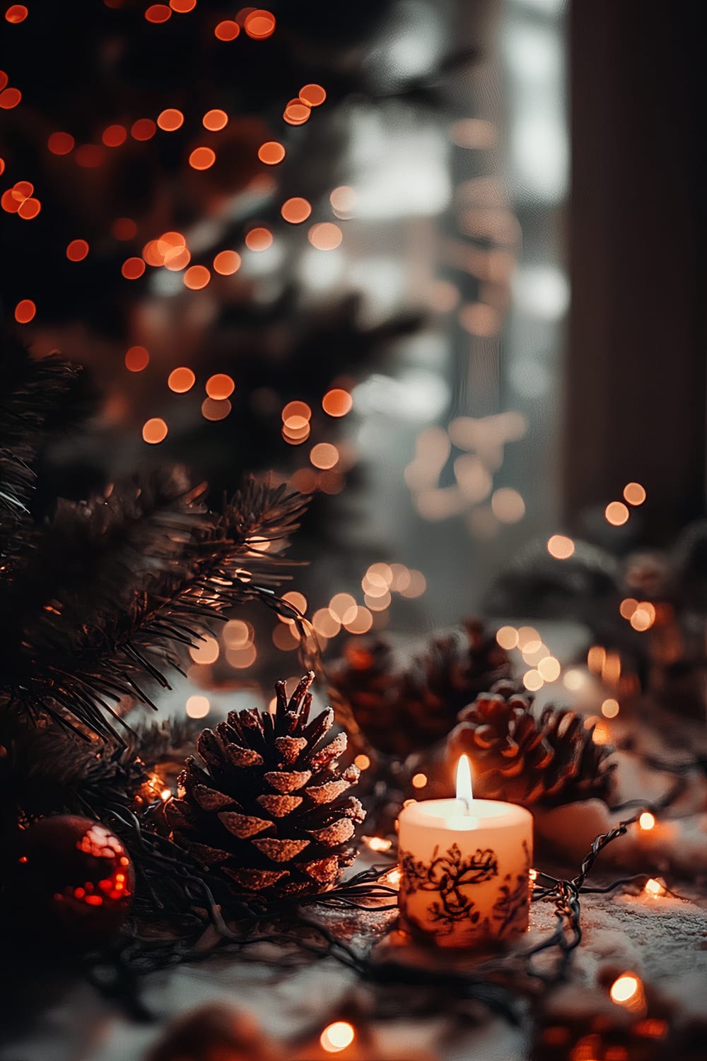 A close-up, festive scene featuring a lit candle, pinecones, and evergreen branches, adorned with snow-like frost and warm, twinkling fairy lights in the background. The image captures the warmth and charm of a holiday setting, with blurred golden lights creating a bokeh effect, enhancing the dreamy ambiance.