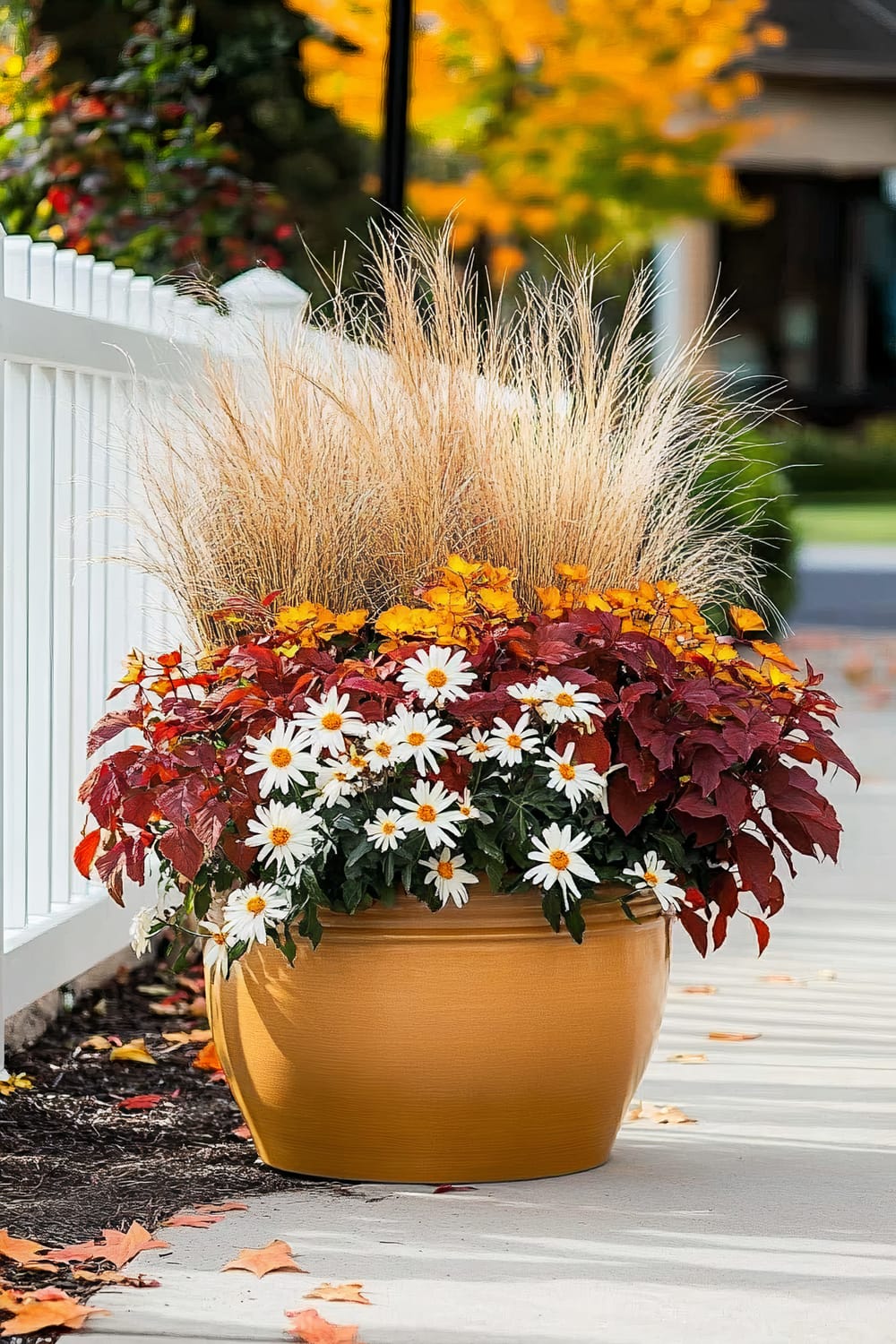 A large, golden planter filled with an arrangement of autumnal plants. The planter is situated beside a white picket fence and contains tall, beige ornamental grasses at the top, bright orange flowers, dark red foliage, and white daisy flowers with yellow centers at the bottom. The ground around the planter is scattered with fallen autumn leaves, and a tree with vibrant orange-yellow foliage is blurred in the background.