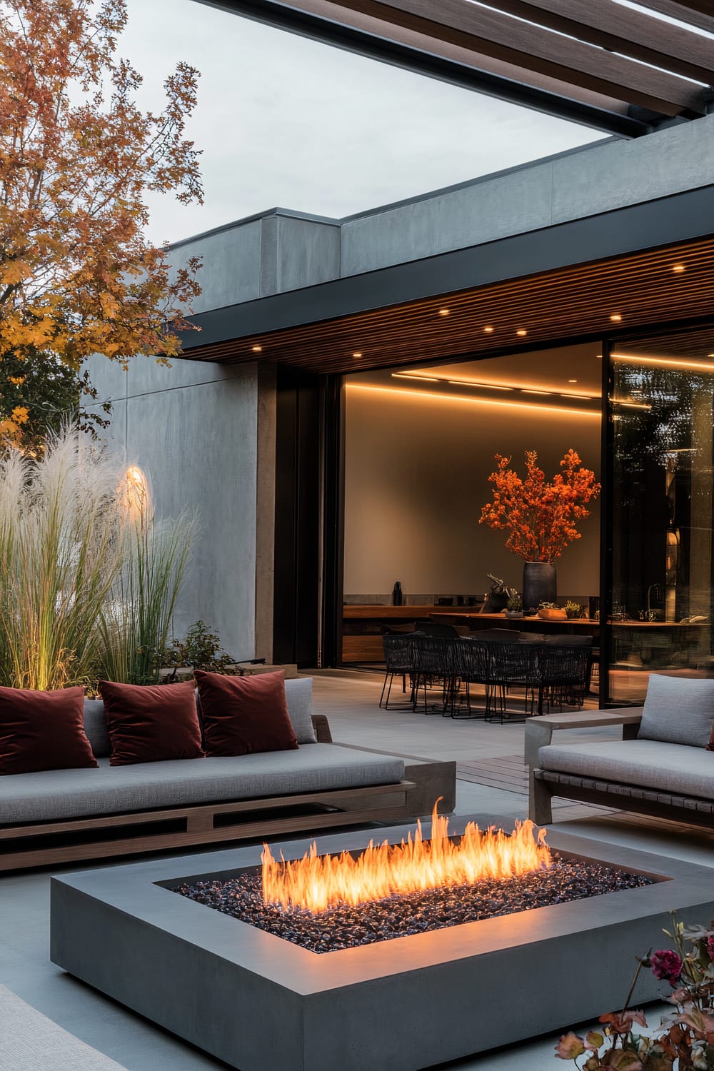 An outdoor patio area featuring contemporary gray sofas with red throw pillows and a central rectangular fire pit with bright flames. Behind the seating area, there is a modern indoor dining space visible through large glass sliding doors. The indoor space includes a long wooden dining table, black dining chairs, and a large vase with orange foliage. The patio is decorated with tall grasses and an autumnal tree, and has a partial view of a ceiling structure with wooden slats and recessed lighting.