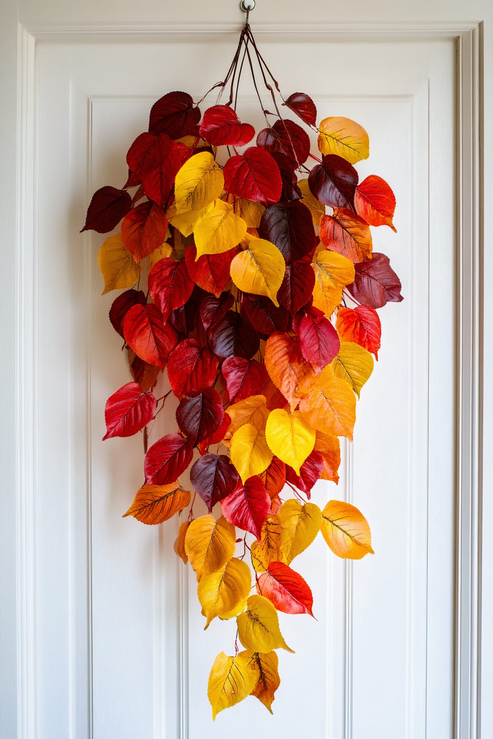 A door with a hanging decoration made of artificial autumn leaves in varying shades of red, orange, and yellow arranged in a cascading pattern.