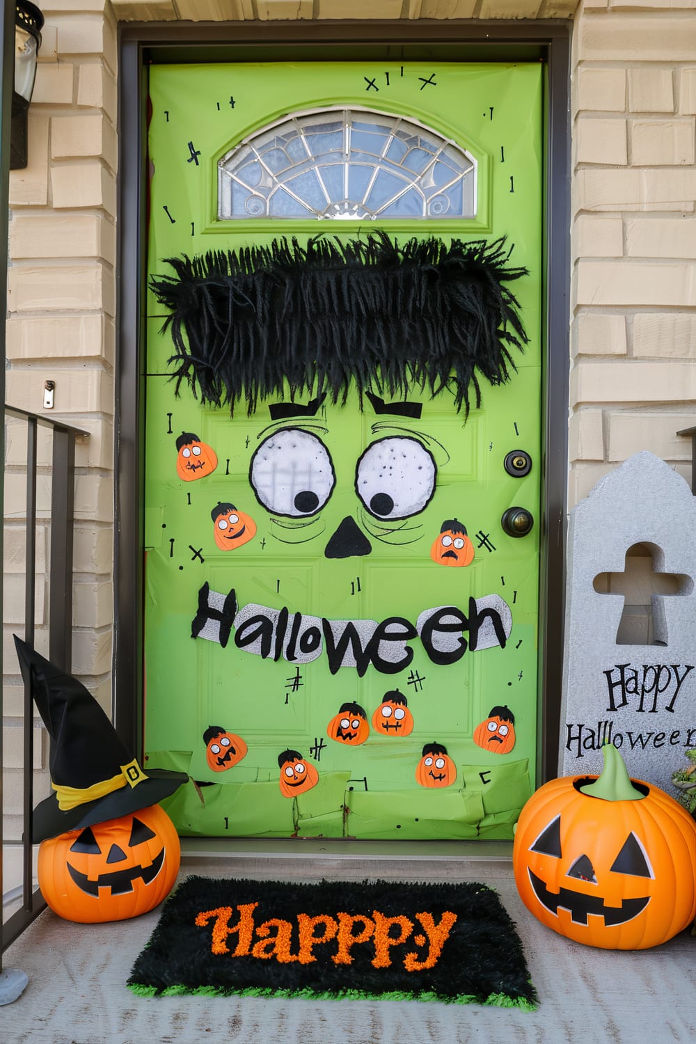 The image shows a front door elaborately decorated for Halloween. The door is covered in bright green paper, with expressive, large cartoon eyes, a triangular black nose, and various small pumpkin faces adhered to it. A black fringed material forms a unibrow above the eyes, and a creatively styled "Halloween" sign is displayed in the center. On either side of the door are two plastic jack-o'-lanterns, one wearing a witch's hat and the other set inside a tombstone-shaped decoration. An orange and black doormat saying "Happy" lies in front of the door.