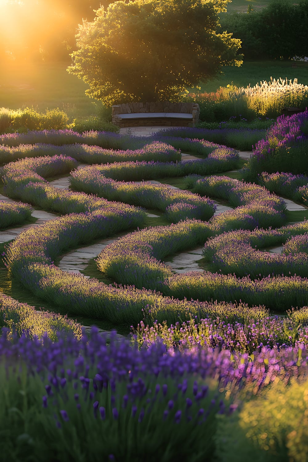 A meticulously designed labyrinth-styled garden with intricate grass pathways weaving through symmetrical beds of lavender, ferns, and ornamental grasses. A hidden seating area with an inviting wooden bench is tucked away in the center of the maze, surrounded by a burst of wildflowers.