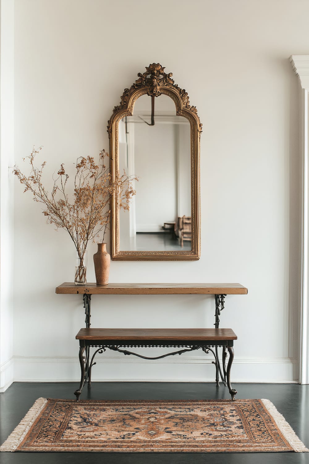 An elegant entryway features an ornate vintage gold-framed mirror above a wooden console table. On the console, there's a clear vase with dried branches and a ceramic vase. A wooden bench with wrought iron legs sits below the console, and an intricately patterned rug with fringed edges is placed in front on a dark wooden floor.