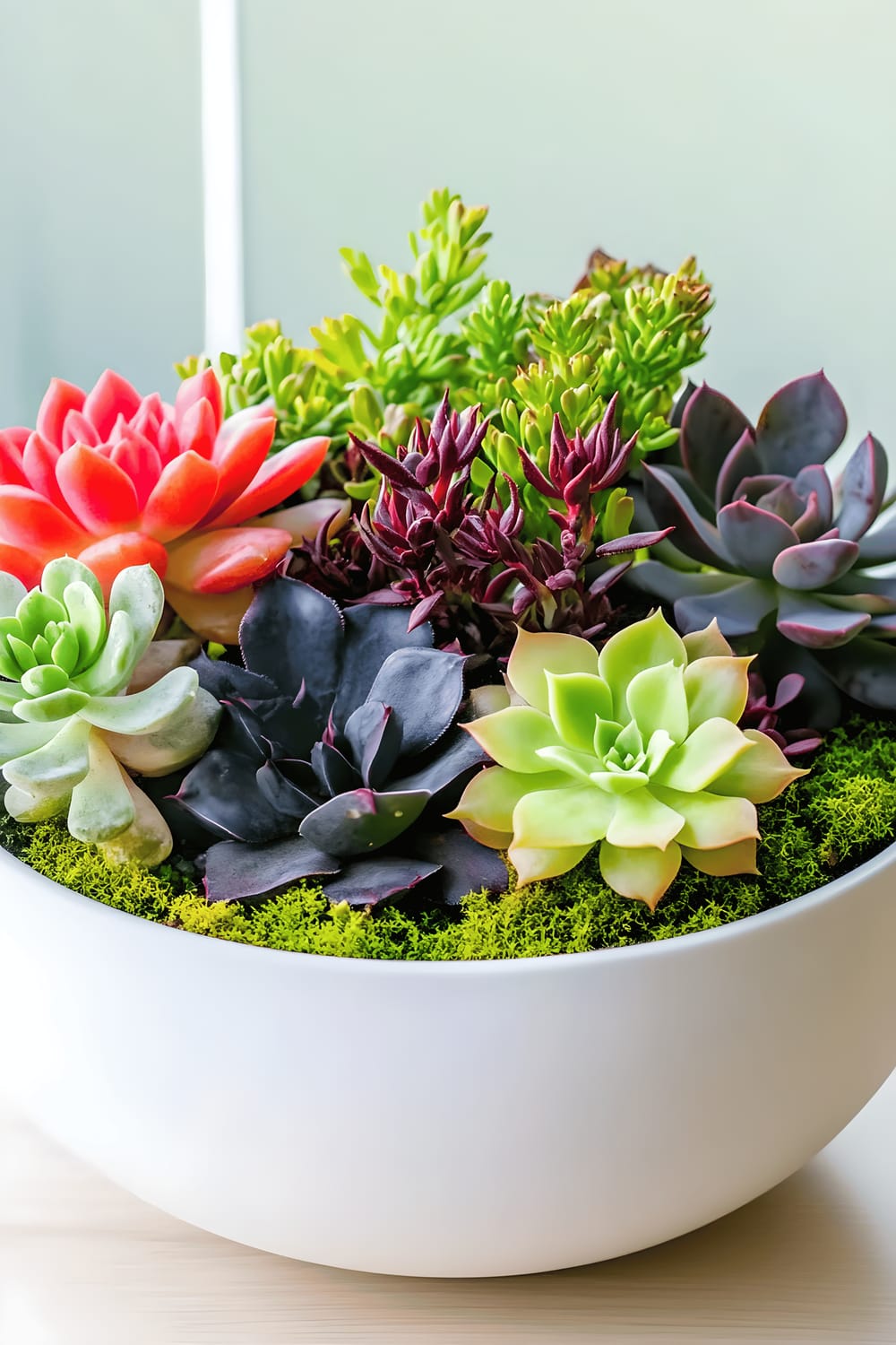 A modern succulent arrangement featuring an assortment of vibrant green, purple, and black-hued succulents, along with a single red moon cactus, housed in a white ceramic pot and nestled in moss.