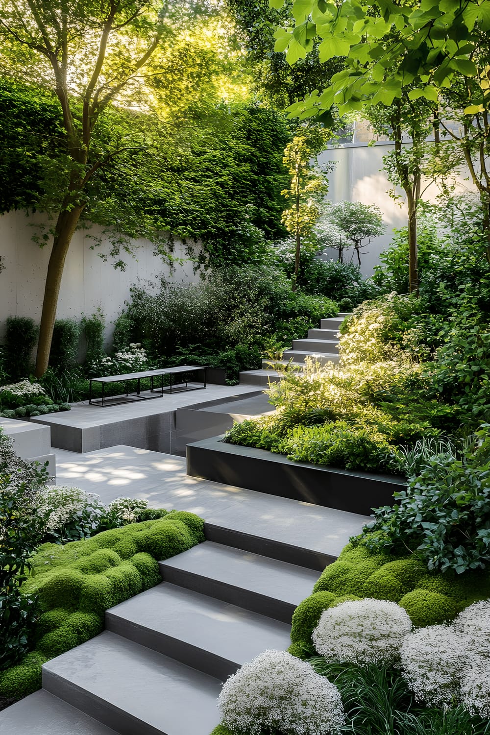 A modern arboretum featuring a variety of plant species residing at different heights such as moss and creeping juniper at the ground level, viburnum and hydrangea as mid-height shrubs, and tall Japanese maple and magnolia trees forming the vertical structure. Stone pathways snake through the garden, flanked by the diverse greenery, leading to understated benches for relaxation. Integrated pathway lighting and spotlights subtly highlight key plants, beautifully complementing the bright midday sunlight that drenches the foliage.