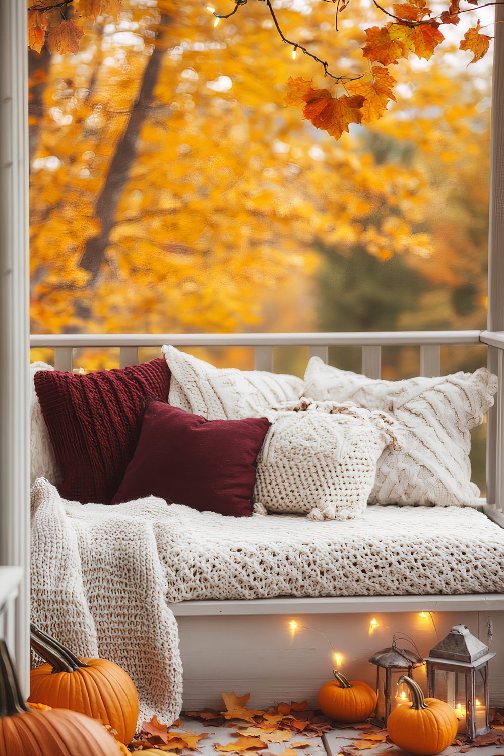 A porch area adorned with fall decor. There is a white cushioned daybed covered in knitted white and maroon pillows and blankets. The surroundings feature autumn foliage in shades of yellow and orange. Pumpkins and string lights are placed underneath, giving a warm and inviting ambiance.