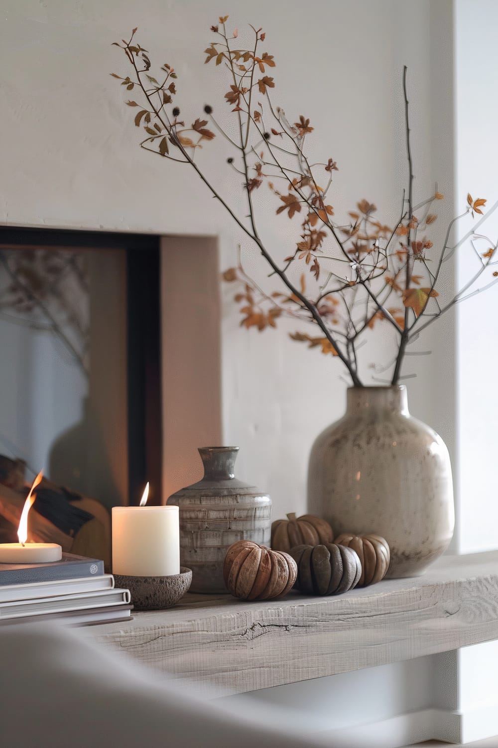 A stylish fireplace mantle setup featuring a large ceramic vase with autumn leaves, a small ceramic jug, several small decorative pumpkins, and an arrangement of lit candles and stacked books. The setting exudes a cozy, seasonal ambiance with earthy tones and natural textures.