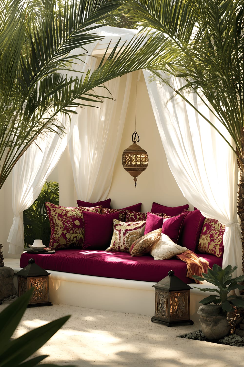 A luxurious outdoor daybed with plush cushions in vibrant jewel tones, surrounded by towering potted palms. Muted decorative lanterns create a festive ambiance. The daybed is shielded by a breezy, white canopy, softly illuminated by the diffused afternoon light.