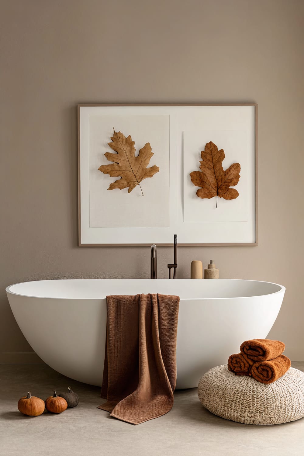 A modern bathroom features a large, sleek white oval-shaped bathtub with a brown towel draped over its edge. Above the tub hangs framed artwork displaying two dried, brown autumn leaves on a neutral background. To the left of the bathtub, there are small decorative pumpkins on the floor. To the right, an off-white, woven pouf holds three rolled, burnt-orange towels.