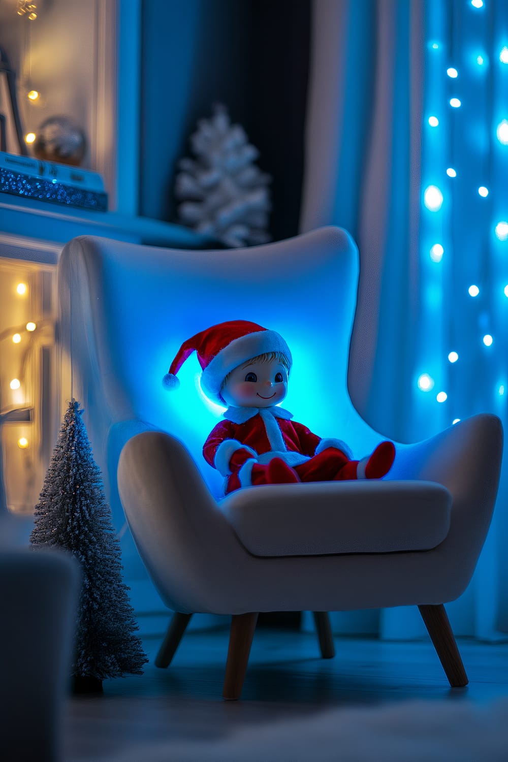 An Elf on the Shelf doll with a red and white Santa outfit sits on a minimalist white chair, illuminated by striking blue light. The chair is surrounded by monochrome home decor elements, including a small artificial Christmas tree, festive lights, and pale curtains adorned with string lights.