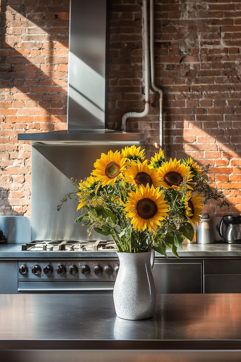 A modern industrial kitchen with a stainless steel countertop and a range stove. The backsplash is made of exposed brick. On the countertop, there is a white vase filled with vibrant yellow sunflowers.