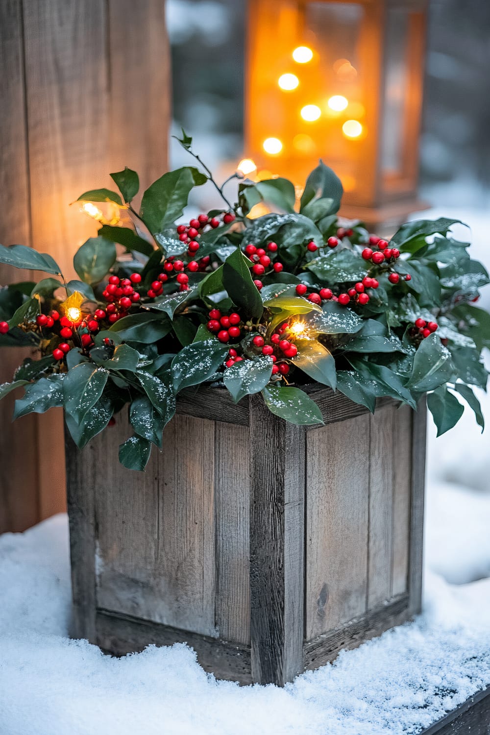 A rustic reclaimed wood planter filled with dense Wintergreen (Gaultheria procumbens) featuring glossy dark green leaves and clusters of bright red winterberries. The planter is illuminated by soft amber outdoor lantern lights, which highlight the vivid green and red hues. Snow lightly dusts the foliage, enhancing the wintry charm. In the background, soft snow falls amidst an amber glow from a lantern, adding depth to the scene.