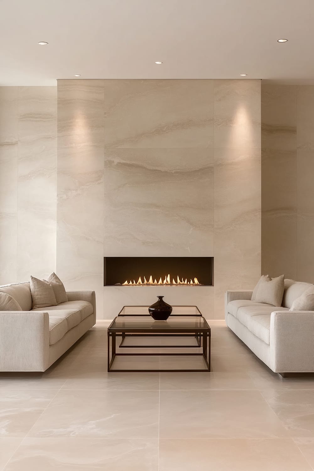 A clean and elegant living room featuring a symmetrical arrangement centered around an Azura marble fireplace. Two sofas in neutral tones face each other, flanking a sleek glass coffee table which holds a minimal black vase. The room is well-lit with soft natural light that enhances the textures of the marble wall and maintains a timeless, uncluttered aesthetic.