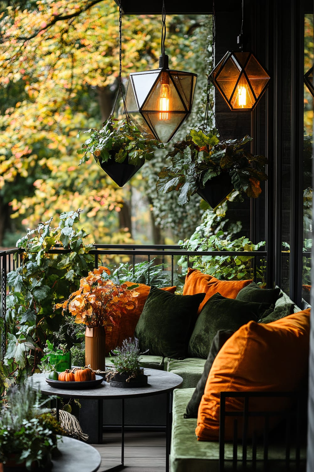 An outdoor seating area featuring lush green foliage, mustard and olive velvet cushions on a sectional sofa, two circular coffee tables adorned with decorative pumpkins and plants, and hanging geometric pendant lights with warm, glowing bulbs. The backdrop is a scenic view of autumnal trees with vibrant yellow and orange leaves.