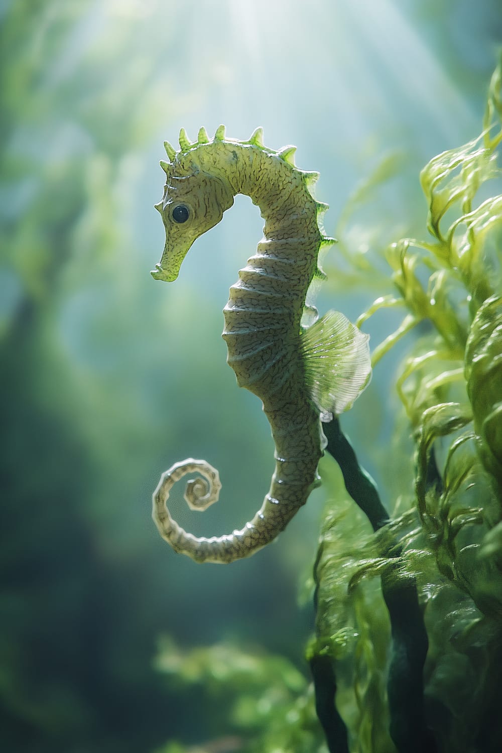 A detailed close-up of a seahorse holding onto a piece of artificial green kelp in a spacious aquarium. The background is softly blurred, with hints of additional kelp and light rays filtering through the water.