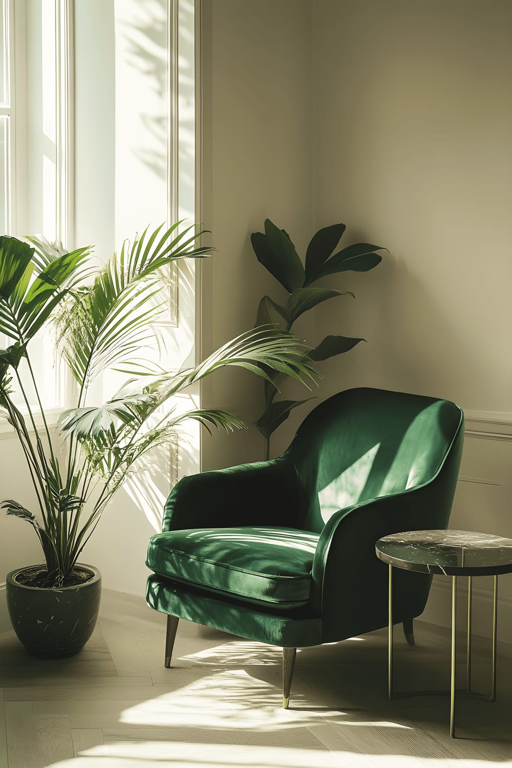 A serene and minimalist living room with a rich emerald green velvet armchair monopolizing the center of the image, paired with a black marble side table. The room features various gold accent pieces that gleam softly under the natural light streaming in from unseen windows on either side of the room. A large, healthy ZZ Plant in a striking ceramic pot provides an organic touch to the modern simplicity of the room.