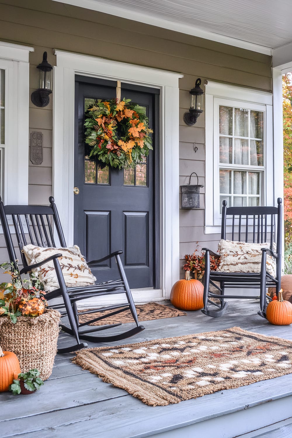 A front porch with a black door, adorned with a colorful autumn wreath. Two black wooden rocking chairs with patterned cushions sit on either side. A woven basket with autumn foliage is placed near the left chair, and pumpkins are scattered around, enhancing the fall theme. An intricate doormat and a geometric-patterned rug add texture to the porch floor.