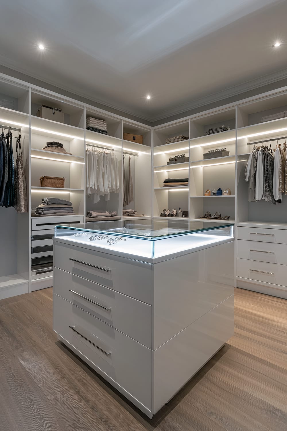 A modern walk-in closet with white cabinetry on all three walls, featuring a central island with a glass top displaying jewelry. The cabinets have open shelves holding folded clothes, handbags, and neatly arranged hanging clothes. The space is illuminated by LED strip lighting.