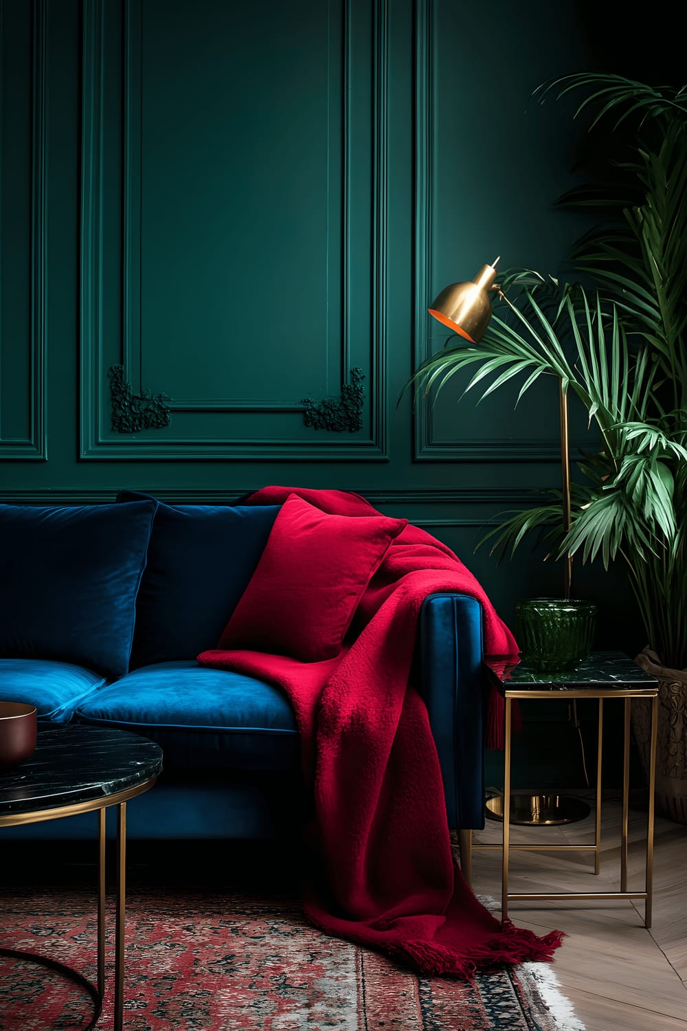 A plush living room containing a cobalt blue metal-framed sofa with a scarlet wool throw draped over it. There's a black marble coffee table in the center and two vintage oxblood red wooden side tables. The room is lit by gold leafed brass floor lamps and is decorated with a single emerald green plant.