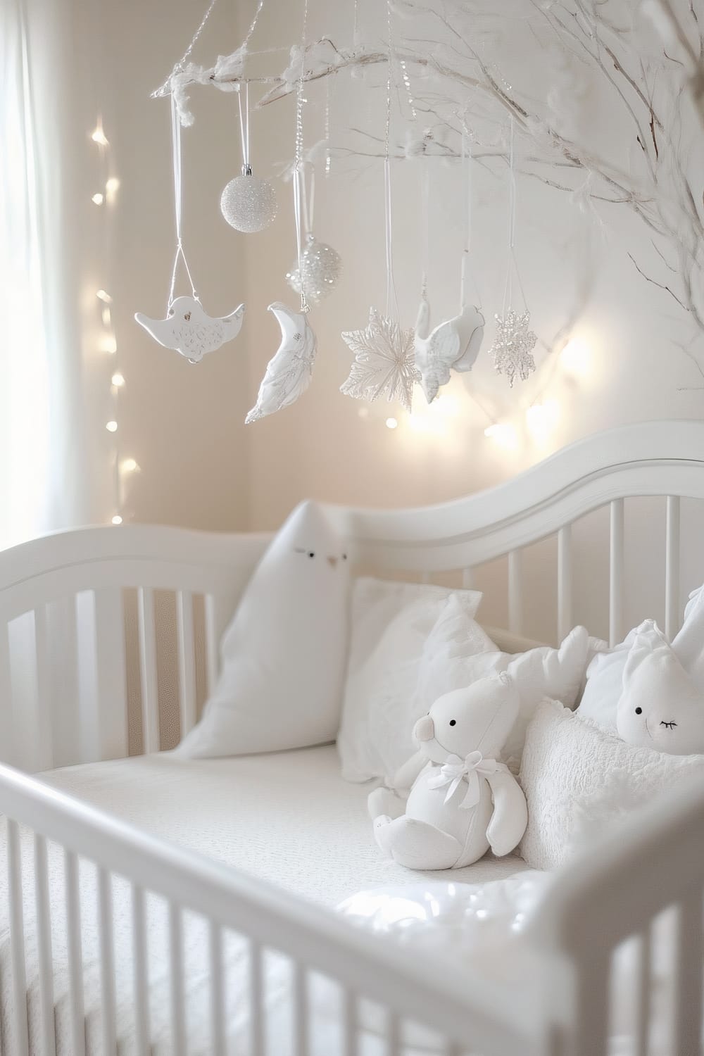 A serene white nursery features a crib adorned with white bedding and plush toys. Above the crib hang delicate holiday mobiles, including birds, stars, and snowflakes, all in a monochromatic white theme. Gentle string lights add a soft glow.