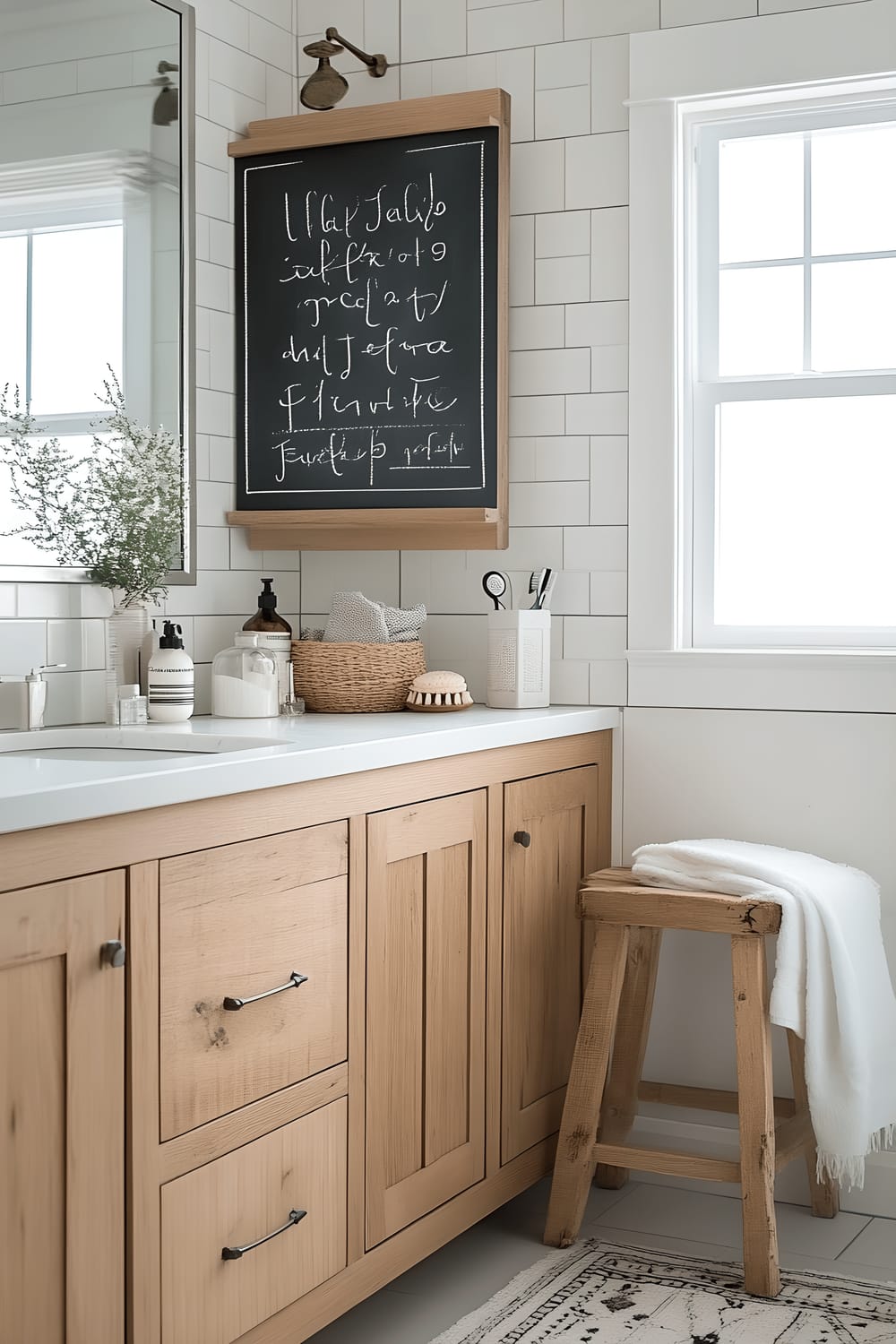 A bright Scandinavian-style bathroom with light wood cabinetry, a floating vanity, and white subway tiles. There is a small chalkboard shelf with simple chalk illustrations and inspirational quotes in white. The area is illuminated by natural light, and a frameless glass shower stands on one end. The overall atmosphere is clean and motivational.