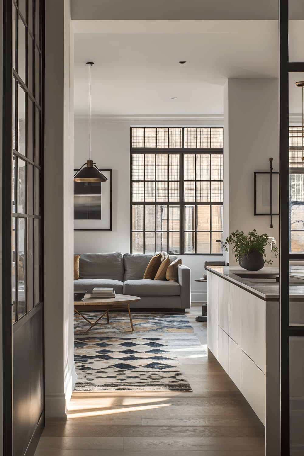 A spacious open-concept apartment seen from the kitchen, highlighted by stainless steel appliances and white cabinetry. The living room is demarcated by a sleek glass and metal divider, where a comfortable gray sofa and a geometric patterned rug dominate the scene. The whole space is flooded with abundant natural light.