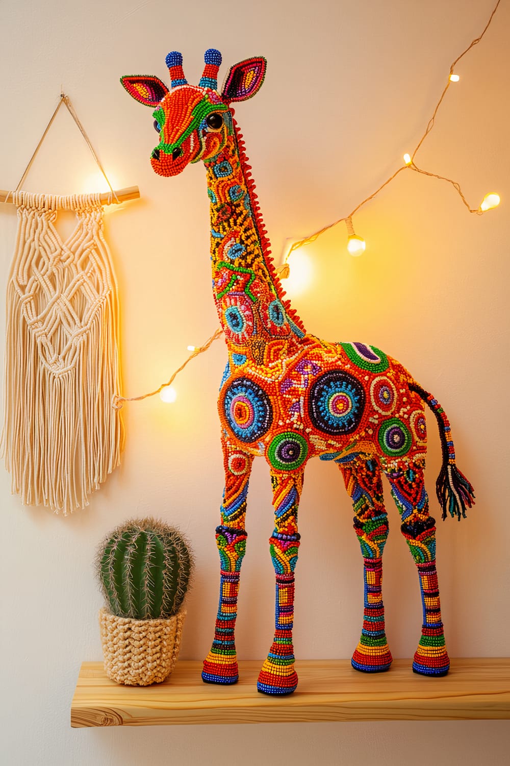 A vibrant, beaded giraffe figurine adorned with colorful beads sits on a bamboo shelf. The shelf is affixed to a soft ivory wall, accompanied by a small cactus plant in a crocheted holder and a handcrafted macramé wall hanging. Soft, ambient lighting illuminates the intricate beadwork, with string lights adding a warm glow to the scene.