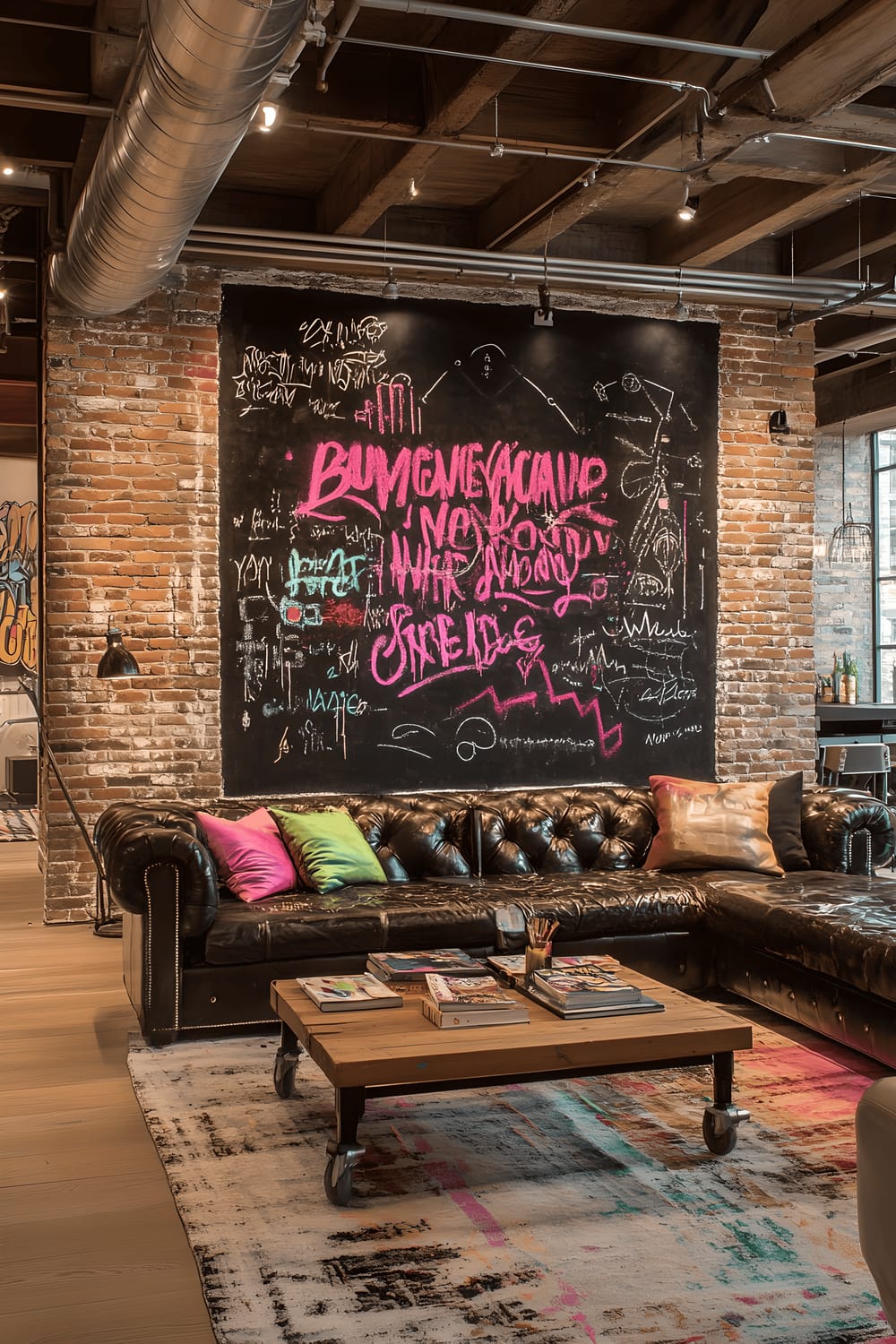 The image showcases a modern urban loft, whose key centerpiece is a large exposed brick wall adorned with graffiti-style chalk art. The chalk art exhibits bold lettering and abstract shapes in striking neon pink, electric blue, and lime green colors. Industrial style metal furniture occupy the loft, complemented by a plush leather couch and a variety of contemporary art pieces. A dramatic spot lighting emphasizes the vibrant chalk graffiti, setting an edgy mood.